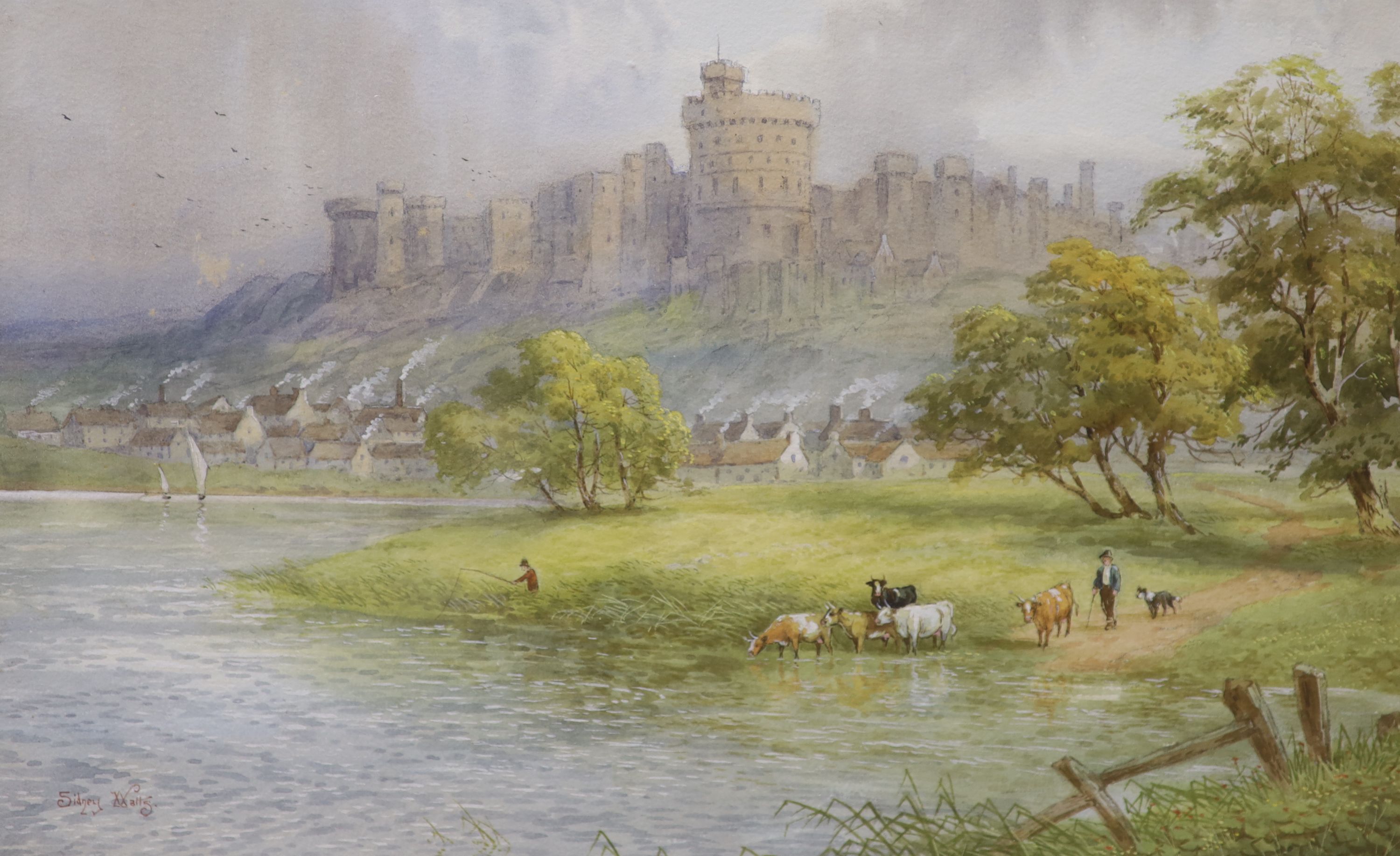 Sidney Watts (fl.1890-1910) watercolour Windsor Castle from the lake, signed, 23 x 53cm